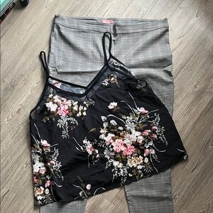 XXL Floral Black Camisole and Plaid Gray Pants Set